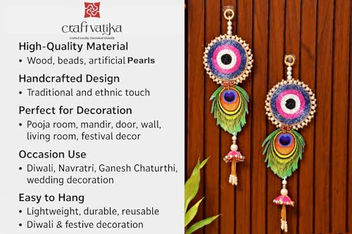 Image of CraftVatika Diwali Decor Items, Evil Eye Shubh Labh Hanging Latkan Toran for Wall Door, Diwali Decoration for Home, Wall Hanging for Home Decoration, (29 CM Height) (2 Pieces)