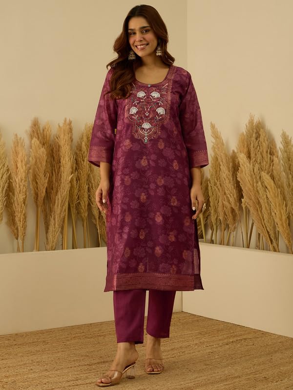 Image of VredeVogel Women's Embroidered Chanderi Silk Jacquard Straight Kurta Pant Set with Dupatta | Perfect for Festive & Casual Ethnic Wear Kurta Set