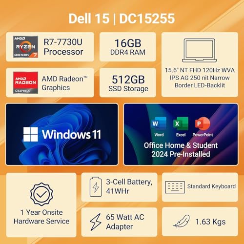 Image of Dell 15, AMD Ryzen 7-7730U, 16GB DDR4, 512GB SSD, FHD, 15.6 inch /39.6cm, Windows 11, Microsoft Office Home 2024, Platinum Silver, 1.63Kg, [Dell 15], 120Hz 250nits, AMD Radeon Graphics,Thin & Light, Laptop