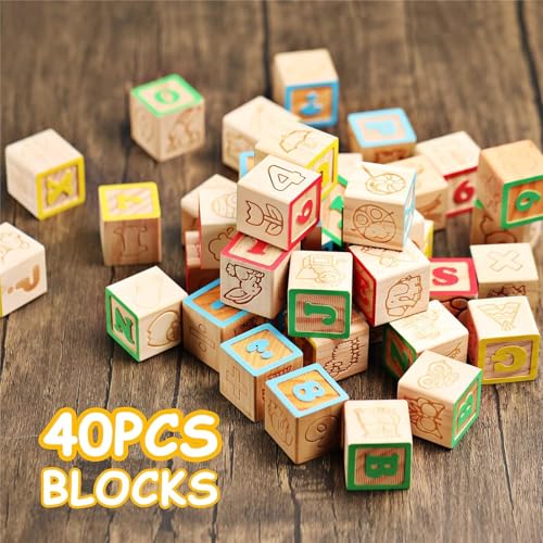 image for SainSmart Jr. Wooden ABC Blocks 40PCS Stacking Blocks Baby Alphabet Le
