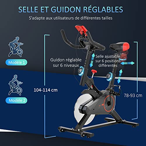 HOMCOM Vélo d'appartement vélo de Fitness avec écran LCD multifonctions capteur de fréquence cardiaque selle et guidon réglables poids volant inertie 6 Kg acier noir et rouge – Image 4