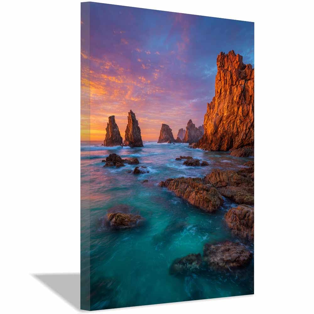 HOQIU Beautiful wall art Coastsal Rock Sunset canvas artwork for wall, art prints, For living room, bedroom, bathroom, dining room, painting and decor.(Multicolor)-20x30cm Framed
