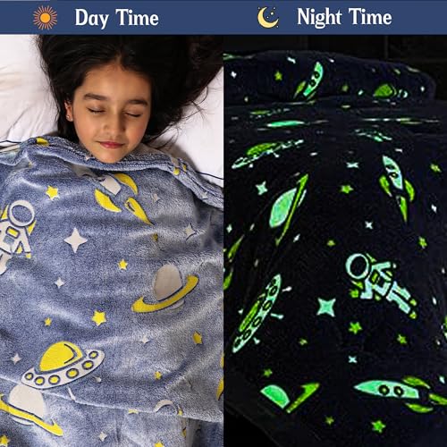 Image of Glow Blanket for Kids 200x150 cm, Blue Astronaut Glow in The Dark Blanket, Soft Flannel Fleece All Season Kids Blanket, Birthday Gift for Boys & Girls