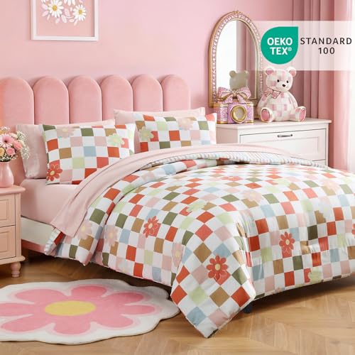 Image of Full Size Comforter Set for Girls Colorful Checkered Bed in a Bag 7 Pieces