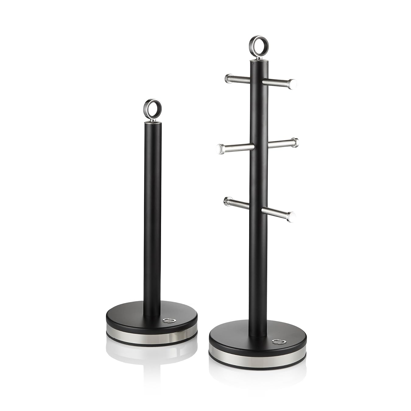 Swan Serenity Kitchen Towel Pole and 6 Cup Mug Tree Set with Smooth Matte Finish, Stainless Steel Accents and Non-Slip Bases, Black