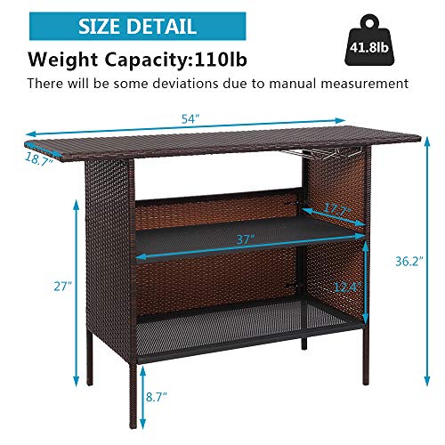 Vingli Wicker Outdoor Bar Table With 2 Steel Shelves, 2 Sets Of Rails, Rattan Patio Bar Table Outdoor Table With Storage For Backyard, Poolside, Garden #TOP2