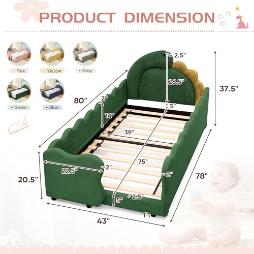 Image of Twin Size Kids Floor Bed Frame, Upholstered Montessori Platform Bed Cute Dinosaur-Shaped Daybed Frame for Girls Boys, No Box Spring Required, Green
