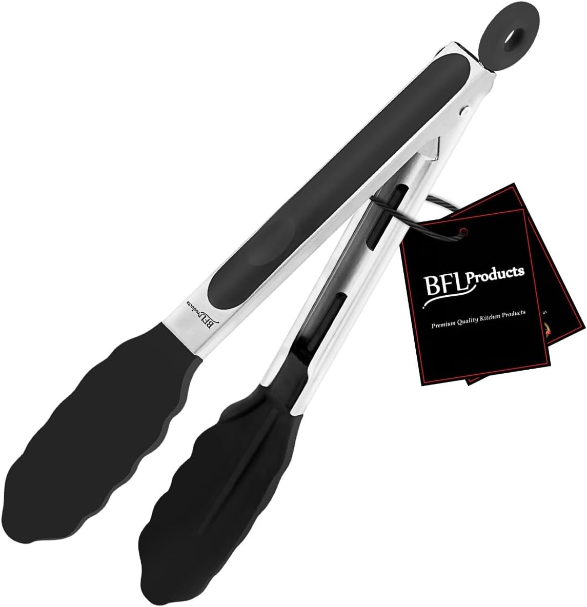 Kitchen Silicone Tongs 9 Inches | Stainless Steel Handle with Easy Grip and Smart Padlock System | Curved Silicone Tip for Strong Grip | Handy Tong for BBQ, Serving, Frying, and Cookin (Black).