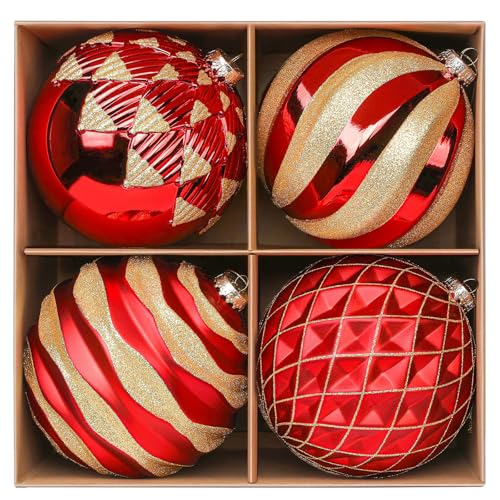 Alupssuc 15CM Extra Large Christmas Baubles, 4Pcs Christmas Tree Decorations, Shatterproof Xmas Hanging Balls Set with Hooks for X-mas Party Wedding Holiday, Red & Gold