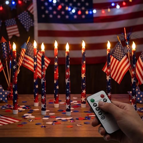 Image of Aurelema 8 Pcs Patriotic Candles Flameless Taper Candles with Remote & Timer 4th of July American Flag Flameless Candlesticks Flickering Real Candle for Independence Day Decoration (Retro Style)