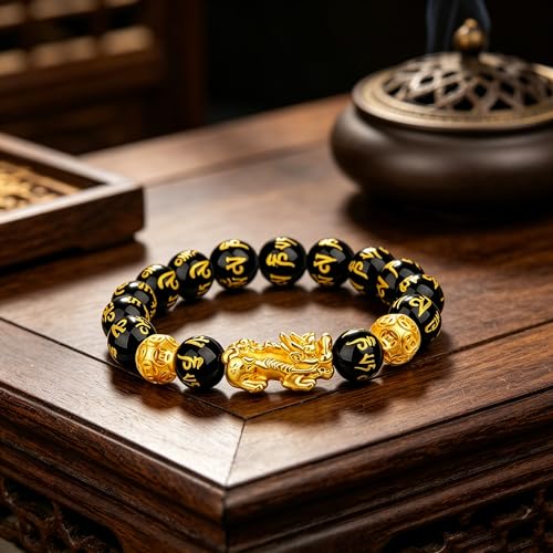 Image of LIYAPEI Black Obsidian Bracelet for Men Women - Feng Shui Wealth & Spiritual Protection Beaded Bracelet with Pi Xiu for Luck, Healing Crystal Stretch Wrist Jewelry, Unisex