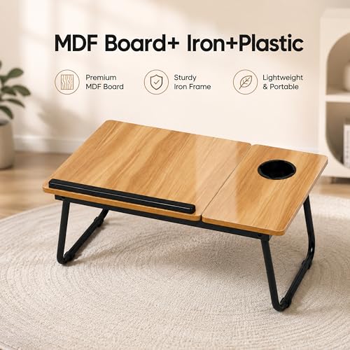 Image of Ant Esports Bravo LT200 Adjustable Foldable Laptop Table for Bed with Side Tray, Cup Holder & Stopper, Portable Work from Home Desk, Wooden Study Desk for Reading & Gaming, 56 x 32.5 x 23 cm, Walnut