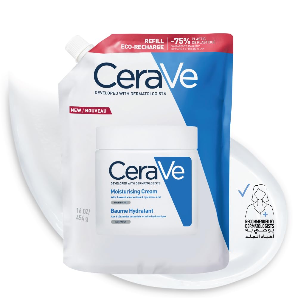 CeraVe Moisturising Cream Refill – Value Refill Pouch of Rich Face & Body Cream with 3 Ceramides & Hyaluronic Acid, 24-Hour Hydration for Dry Skin, Less Packaging, Fragrance-Free