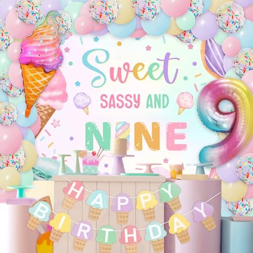 Image of Sweet Sassy and Nine 9th Birthday Decorations for Girls Ice Cream Balloons | 9 Year Old Girl Birthday Decorations Sweet Sassy and 9 Backdrop Ice Cream Banner 9th Birthday Balloon Party Supplies