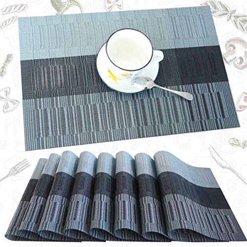 Placemats for Dining Table Heat Resistant Kitchen Table Mats Set of 8 Washable PVC Place Mats Stain Resistant Non-Slip Placemat for Hotel OfficeBlack Grey