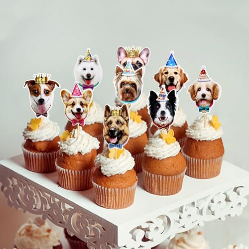 Blumomon 30 Stück Hunde Cupcake Topper, süße Hunde Welpengesichter, Kuchen Deckel, Party Dekorationen für Hunde Welpen Motto Party, Kindergeburtstag, Babyparty, Partyzubehör