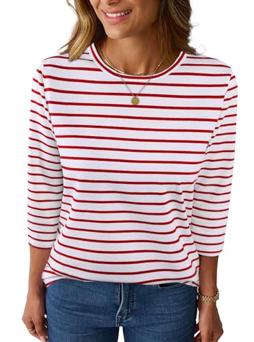 LilyCoco Womens 3/4 Length Sleeve Tops Striped Boatneck Shirt Red Medium