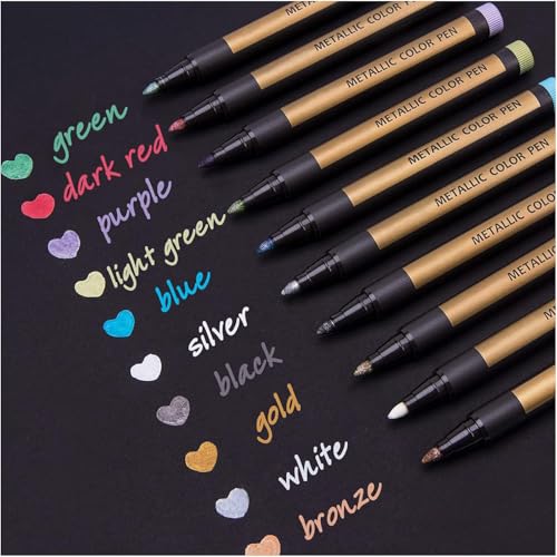 Metallic Stifte, 10 Farben Metallischen Marker Set für Fotoalbum DIY Scrapbook, Gold Stift zum Bemalen Gästebuch Hochzeit Schwarzes Papier Stein Glas Holz Ostern Basteln (2 mm)