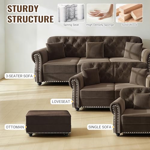 Image of KEIKI 3-Piece Chesterfield Sofa Set with 1 Velvet 3-Seater Sofa & 1 Loveseat & 1 Single Sofa, 6-Seater Couch Set with Nailhead Trim & Rolled Arms & 1 Ottoman & 6 Pillow, for Living Room, Brown