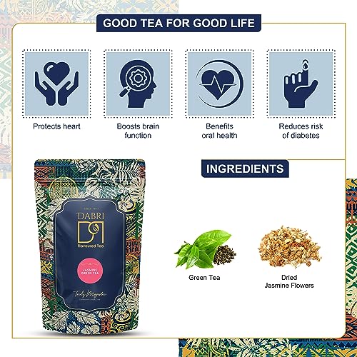 Image of Dabri Jasmine Green Tea 100gm Tea Pouch | Natural Dried Jasmine Flowers & Green Tea Leaves | Rich in Antioxidants | Boosts Metabolism, Brain & Heart Health | Contains Catechins for Tooth Protection