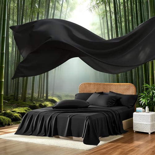 Image of 100% Viscose Derived from Bamboo Sheets Queen Size, Soft & Cooling Viscose from Bamboo Sheets Set, Organically Grown,Breathable & Soft Deep Pocket Up to 18 Inches(Black)