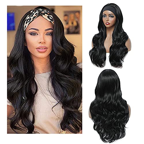 Uprettic Long Wavy Headband Wigs for Black Women Soft Glueless Fluffy Bouncy Synthetic Headband Wigs with Headband 180% Density Black Headband Wig for Daily Party 24 Inches(Black)