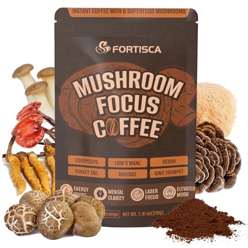 FORTISCA Mushroom Coffee, Instant Mushroom Coffee with Cordyceps, Reish, King Trumpet, Shitake, Turkey Tail, Lions Mane for Energy, Focus, Mood & Immune Support 210g
