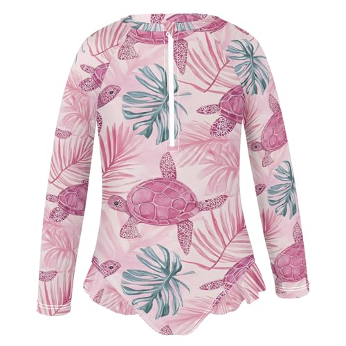 Pink Turtle Leaves Pattern Girls Long Sleeve Swimsuit Rash Guard One Piece Bathing Suits Zipper 3-12T2