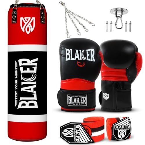 BLAICER Saco Boxeo Adulto sin Relleno Equipado con Guantes Boxeo, Vendas Boxeo, Cadena Giratoria, Soporte para Saco Boxeo – Completo Kit para Boxeo en Casa
