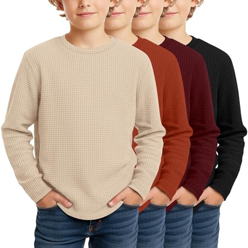 Image of 4 Pack Boys Long Sleeve Waffle Shirts | School Sweaters for Boys, Waffle Knit Thermal Shirts, Crewneck Thermal Casual Tops, Fall, Winter, Kids Clothes for 5-14 Y