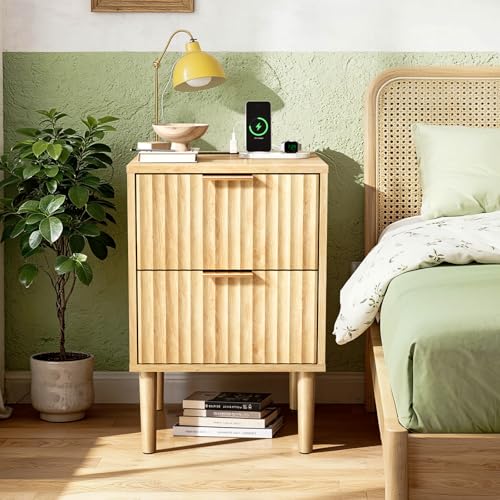 Image of VINGLI Nightstands Set of 2 with Charging Station, Fluted Nightstand 2 Drawer, 15.8 inch W*15.6 inch D Mid Century Modern Nightstands for Bedroom, Fluted Bed Side Table, Oak Night Stands Set 2