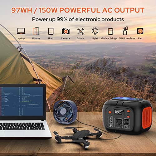 Portable Power Station 97Wh Backup Lithium Battery, Solar Generator Power Bank Station Fasting Charging 150W with Wireless Charging LED Flashlight Power Supply for Home Camping RV Emergency