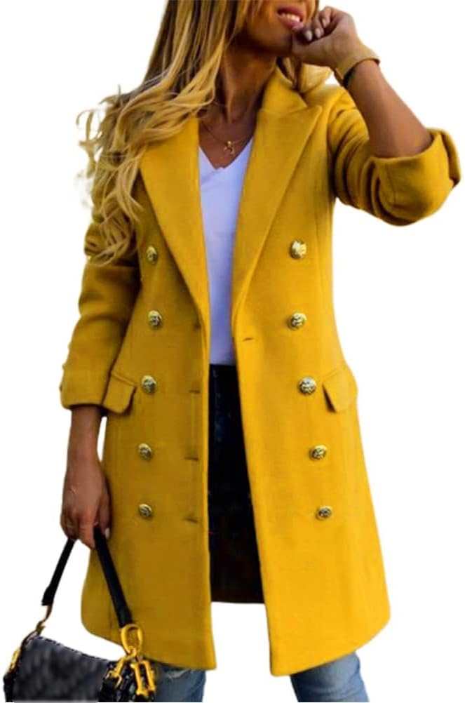 Kinghua Women's Double Breasted Wool Coat Fall Winter Notched Lapel Midi Long Wool Peacoat Jacket