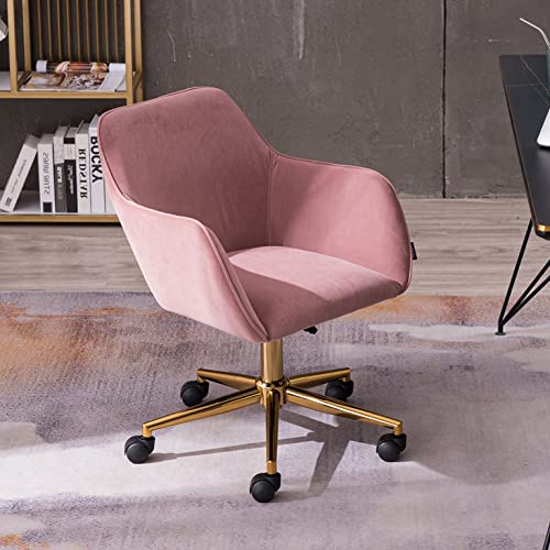 Goujxcy Desk Chair,Modern Velvet Fabric Office Chair,360° Swivel Height Adjustable Comfy Upholstered Leisure Arm Accent Chair (Pink) #TOP14
