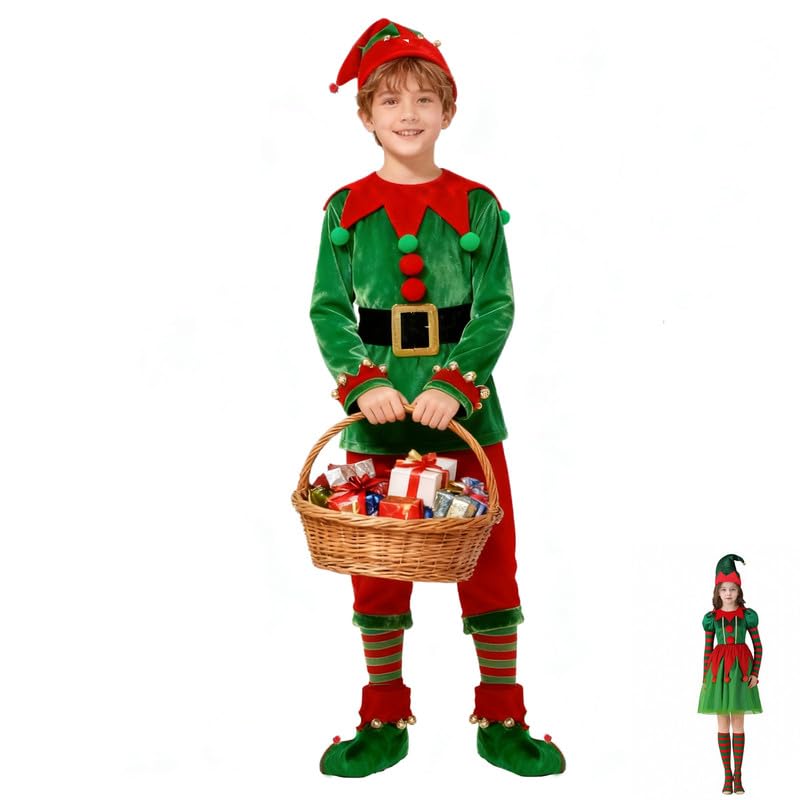 PILUZEAT Déguisements Lutin Elfe de Noël pour Enfant Garçon Costume Vert Vêtements pour Nouvelle Année Cosplay Carnaval Mascarade Halloween Fête à...