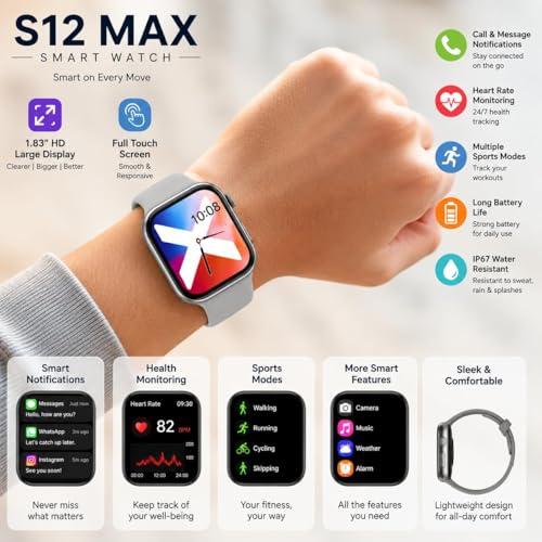 Image of PremiumAV S12 Max Smart Watch with 1.83 Inch HD Display, Heart Rate Monitor, Sports Modes, Call & Message Notifications, IP67 Water Resistant Fitness Watch for Android & iOS