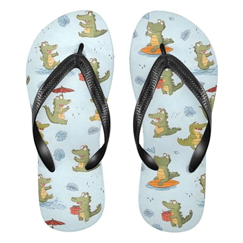 ALAZA Cute Green Crocodile Flip Flops for Women Fashion Beach Slippers Comfort Mens Flip Flops Non-Slip Rubber Shower Slippers Sandal for Hotel Travel Sport,XS