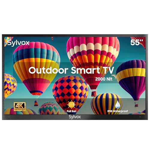 SYLVOX 55 Zoll Outdoor TV mit 4K UHD, 2000nit Helligkeit, IP55 Wasserdicht, Voice Assistabt, Draußen Smart Android Ferseher,Bildschirmspiegelung Sun Readable - Pool Pro