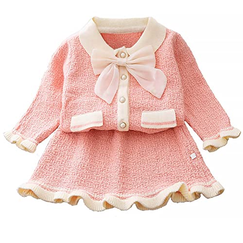 Baby Girls' Skirt Sets Toddler Baby Girls Outfit Knitted Buttons Sweater Tops Mini Skirt Bowknot Ruffle Long Sleeve Autumn Winter Clothes Set Suéter De Niña Pequeña Pink-Bowknot 12-18Months #TOP17