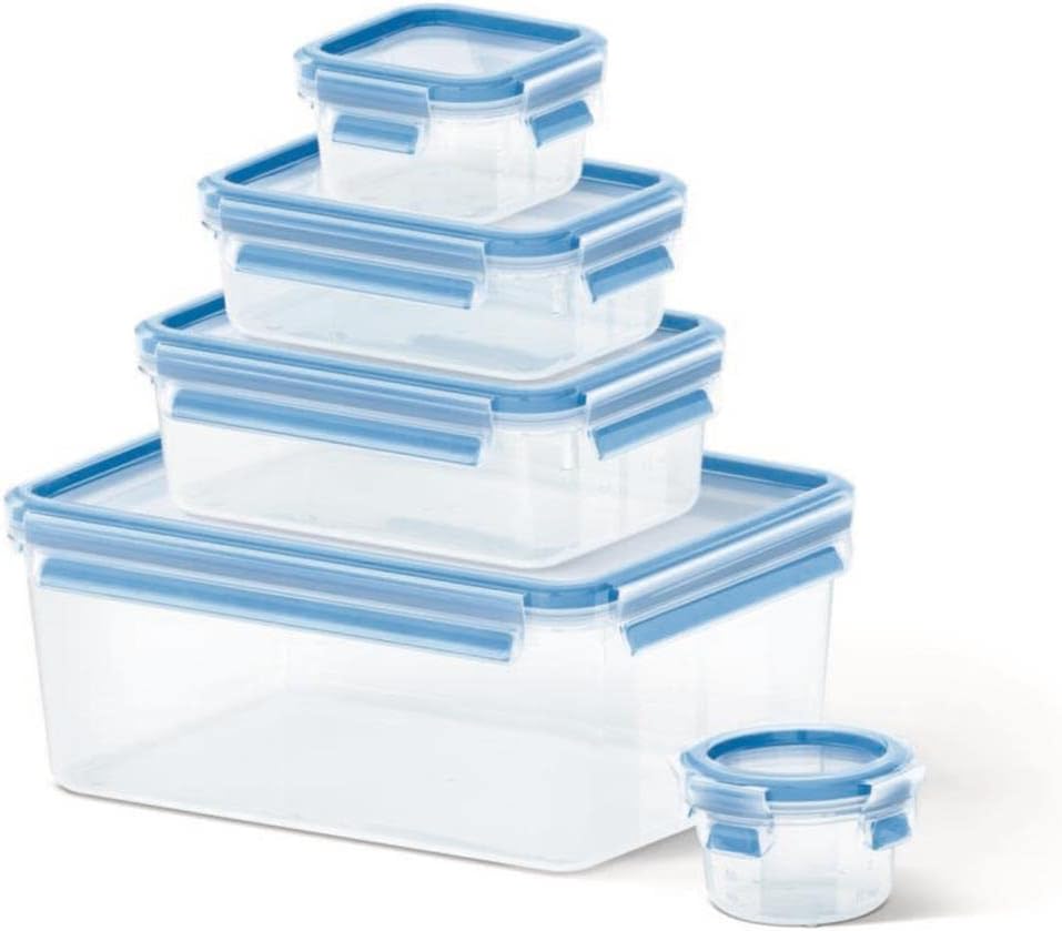 K3029012 MasterSeal Fresh Box, Plastic Food Storage Container, Keeps Food Fresher for Longer and 100 Percent Leakproof, 5 Piece Set, Clear/Blue