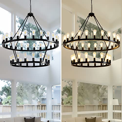 Viksroeo 48 Inch Black Extra Large Wagon Wheel Chandelier, 2 Tier 40-Lights Farmhouse Industrial Round High Ceiling Pendant Light Adjustable Chain, for Dining Room, Living Room by Viksroeo - Image 7