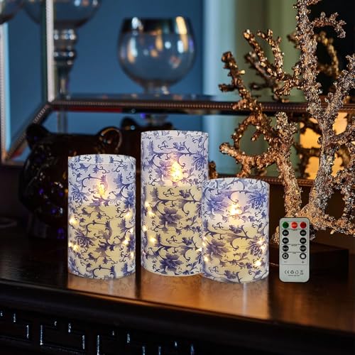 Image of Floral Flickering Flameless Candles, Recessed String Light LED Candles 3D Wick Acrylic Battery Operated LED Pillar Candles with Remote and Timer for Home Decor Set of 3(Blue & White)