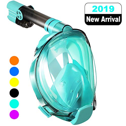 Jsdoin Masque de Plongée,180°View Masque Snorkeling Plein Visage, Anti-buée et Design Pliable pour Adultes Enfants (Blanc/Bleu, XS