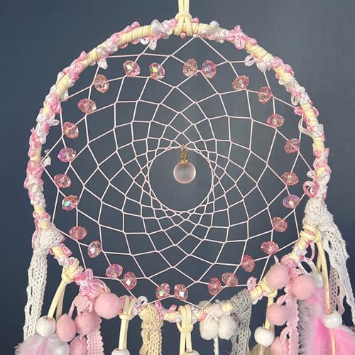 BetterJonny Traumfänger, 67cm Dreamcatcher Vintage Feder Traumfänger Handgefertigt Dream Catchers im Böhmischen Stil für Wandbehang Wohnkultur Ornamente Handwerk Zimmerdekoration Rosa Spitzenband
