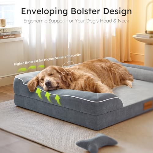 Image of CWAWZ Jumbo Dog Bed for Extra Large Dogs, Orthopedic Dog Bed with Cooling Gel Memory Foam, Waterproof Dog Bed with Removable Washable Cover, 45 inch Dog Sofa Couch Dutch Velvet with Bone Toy, Dark Gray