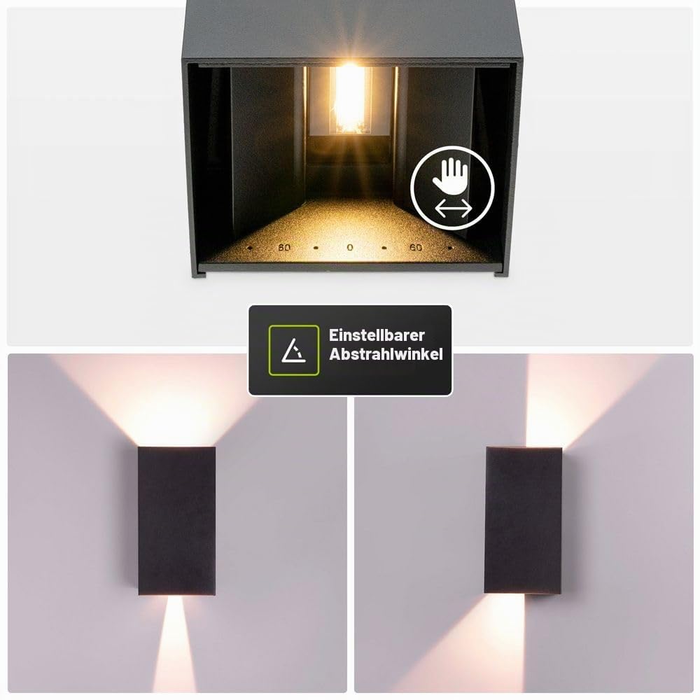 HOFTRONIC - Miles S LED Wandleuchte Außen Modern Dimmbar - Außenleuchte Up Down Schwarz (RAL9004) - 10W 820lm - IP65 Wasserdicht - 0-90° Einstellbarer Abstrahlwinkel - 3000K Warmweiß - 170x83x100mm