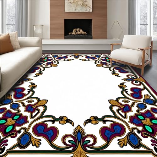 ODIKA Flatwoven High Traffic Area Rug 4x6, Dynamic Floral with Interlocking Vines and Radiant Jewel Tone Accents, Non Slip, Stain Resistant, Washable Area Rugs for Living Room, Bedroom (Purple, 4x6)