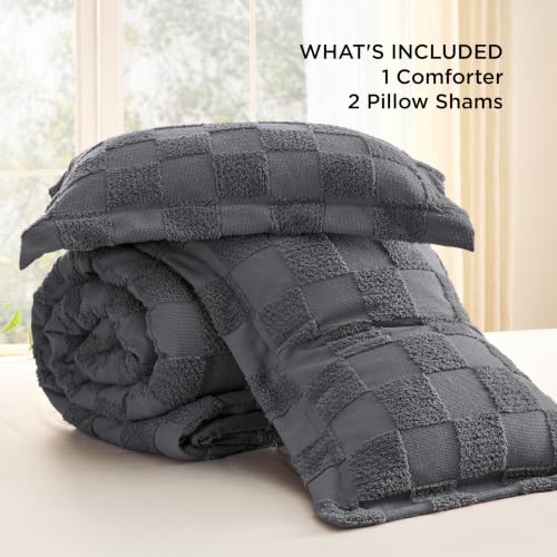 Image of Bedsure Dark Grey Queen Size Comforter Set, Boho Tufted Bed Set, Checkered Farmhouse-Style Distressed Vintage Bedding, 3 Pieces, 1 Plaid Geometric Comforter and 2 Pillow Shams