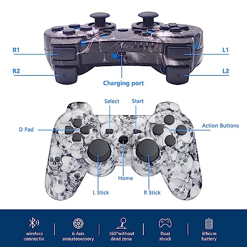 Zeion Ps3 Controller Wireless, Gaming Remote Joystick For Playstation 3 With Charger Cable Cord (Black Ghost, White Skull) #TOP1