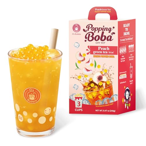 O’s Bubble Peach Green Tea – DIY Boba Kit with 3 Peach Syrup Packs & 3 Mango Popping Boba – Make Fruity Bubble Tea at Home – 3 Servings Included